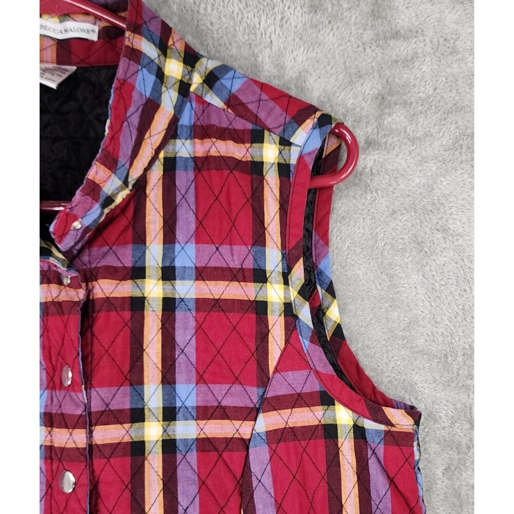 Rebecca Malone Vest Womens Medium Red Plaid Quilted Snap On Sleeveless Vintage - Picture 9 of 11